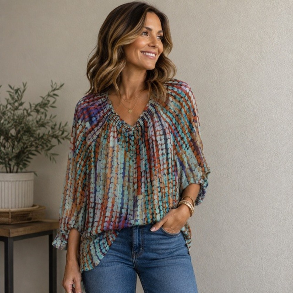 Sundance Women Silk Blouse Abstract Print Top Semi Sheer